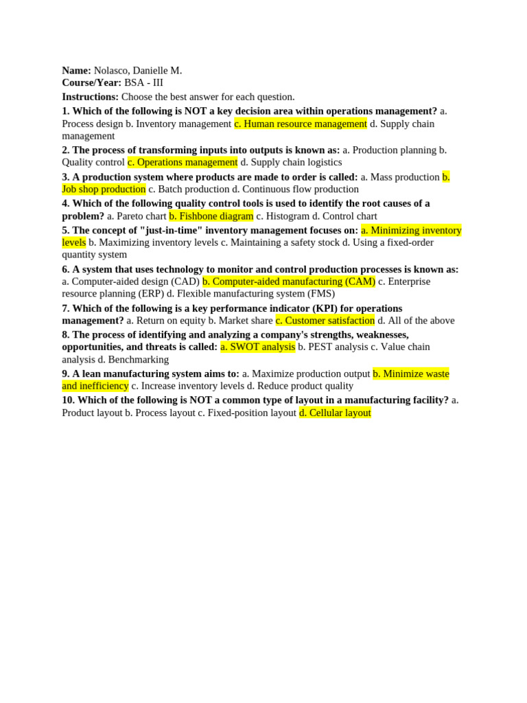 Operations Management Quiz Questions | PDF