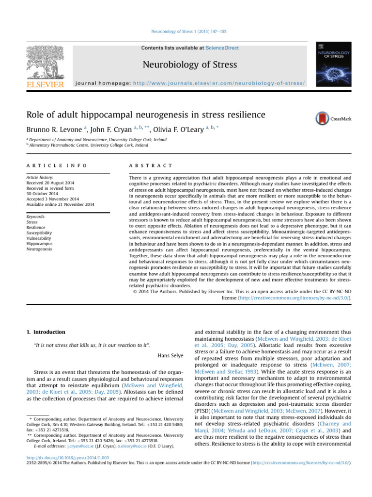 Role of Adult Hippocampal Neurogenesis in Stress Resilience | PDF ...