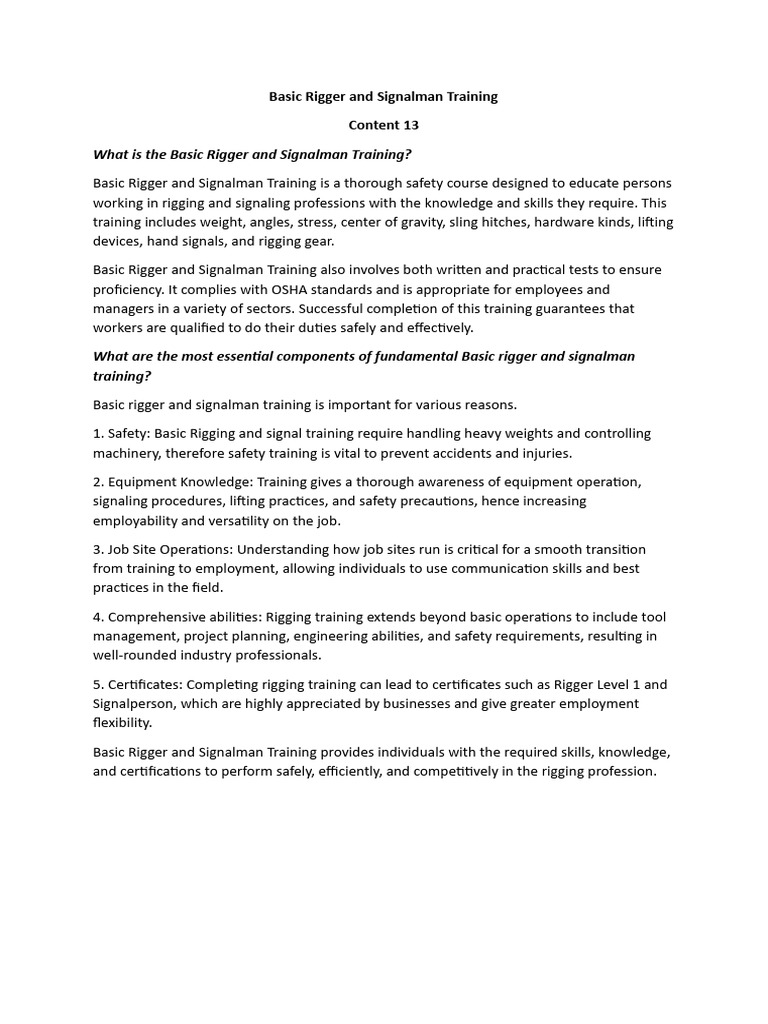 Basic Rigger and Signalman Training Guide | PDF | Safety | Occupational ...