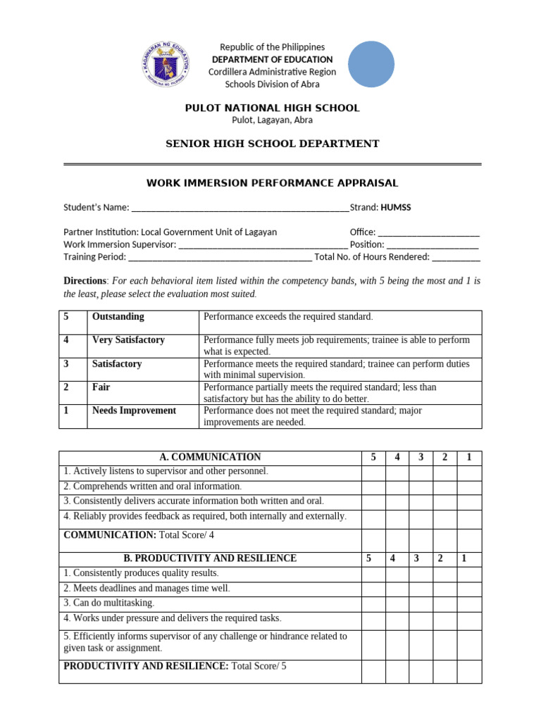 Senior High School Work Immersion Appraisal | PDF | Cognition | Psychology