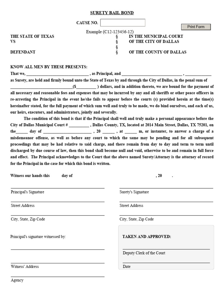 Texas Surety Bail Bond Form | PDF | Bail | Surety