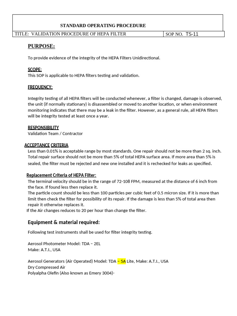 HEPA Filter Validation SOP Guide | PDF | Pressure Measurement | Aerosol