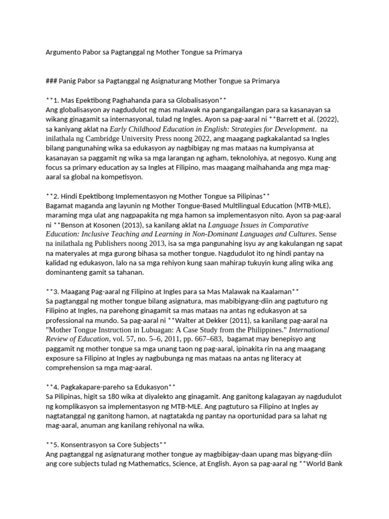 Argumento Pabor Sa Pagtanggal NG Mother Tongue Sa Primarya | PDF