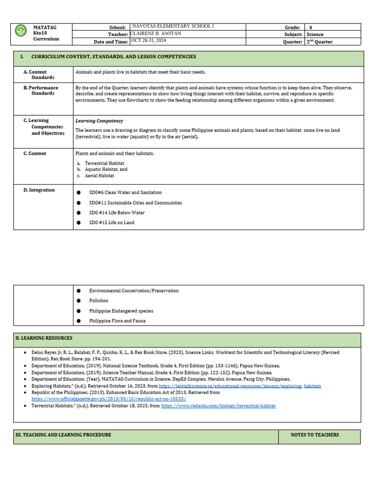 Q2 DLL Science 4 Lesson 4 Week 4 | PDF | Habitat | Marine Biology
