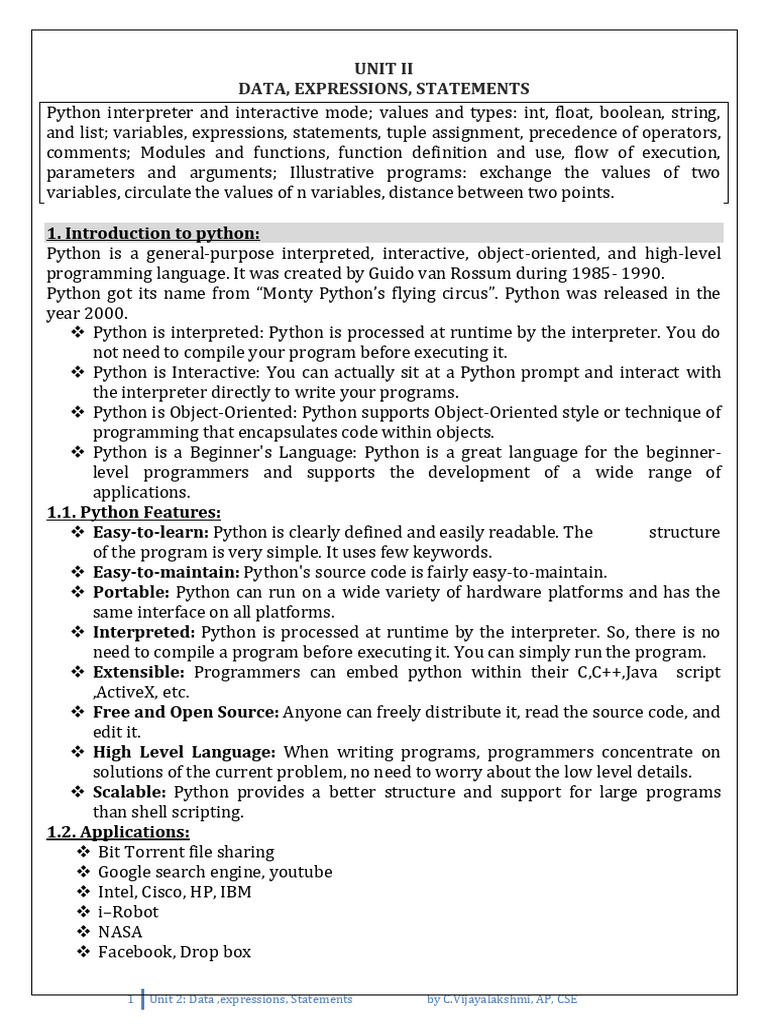 Unit Ii Data, Expressions, Statements | PDF | Parameter (Computer ...