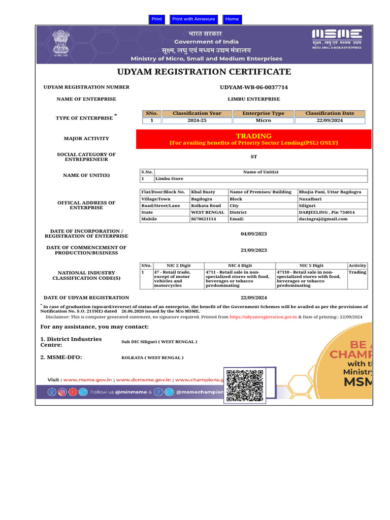 Udyam Registration Certificate for Limbu Enterprise | PDF
