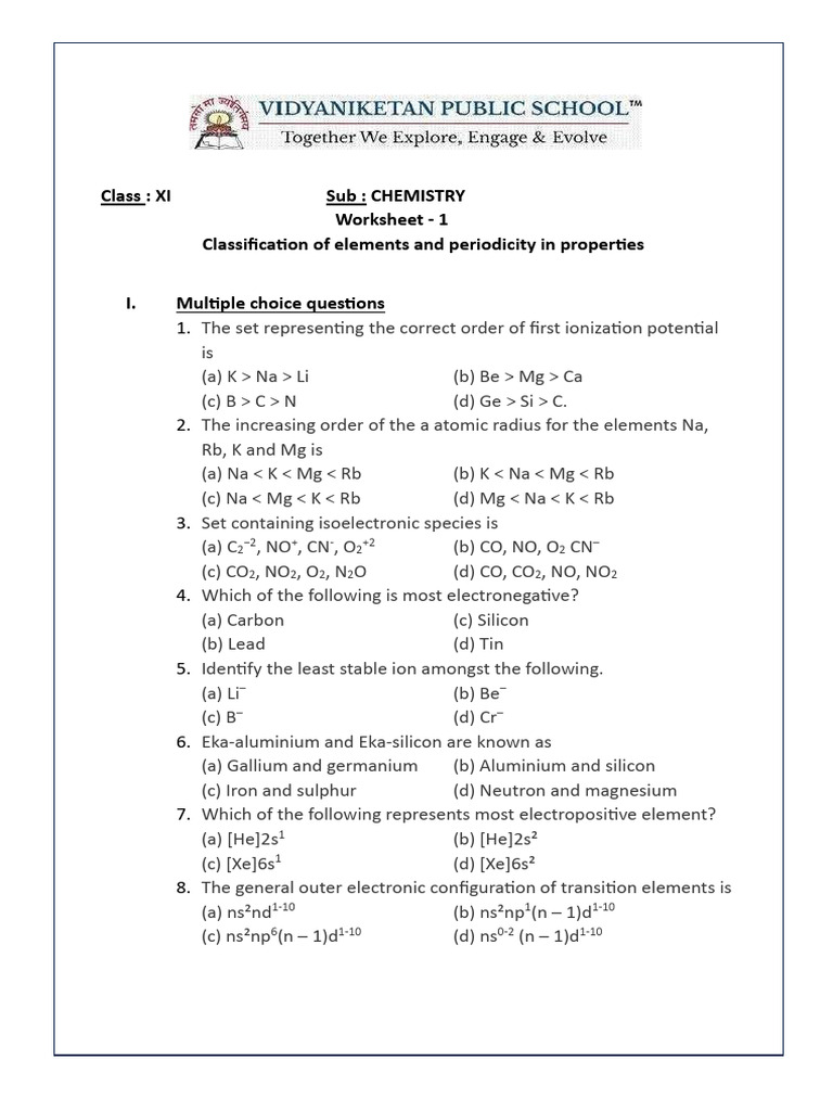Periodic Classification Worksheet XI | PDF | Materials | Applied And ...