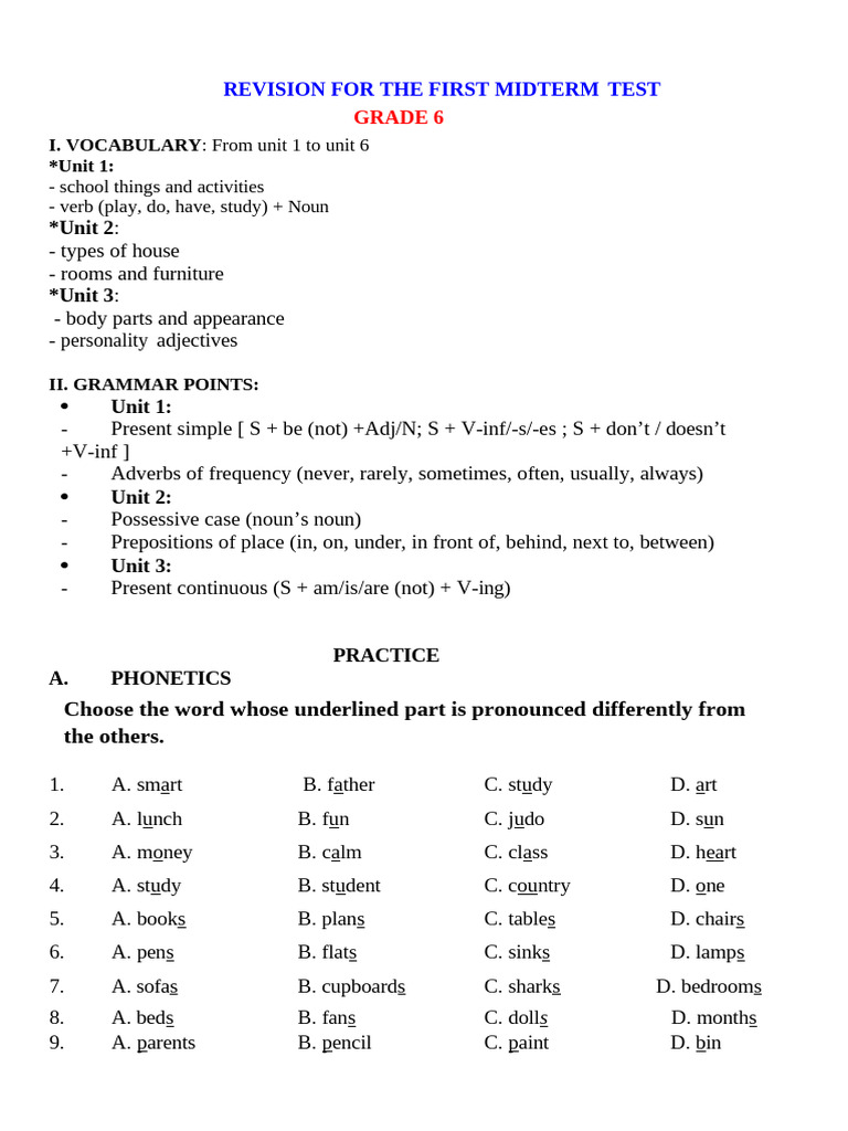 Grade 6 Midterm Test Revision Guide | PDF | Noun | Adverb