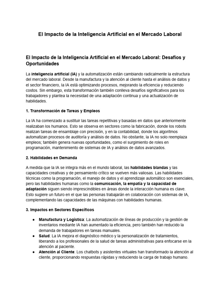 El Impacto de La Inteligencia Artificial en El Mercado Laboral | PDF