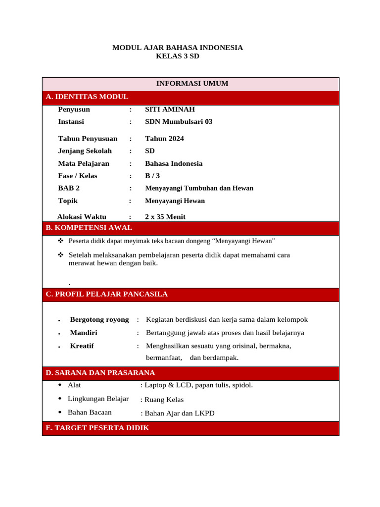 Modul Ajar Bahasa Indonesia Kelas 3 | PDF | Karier & Perkembangan ...