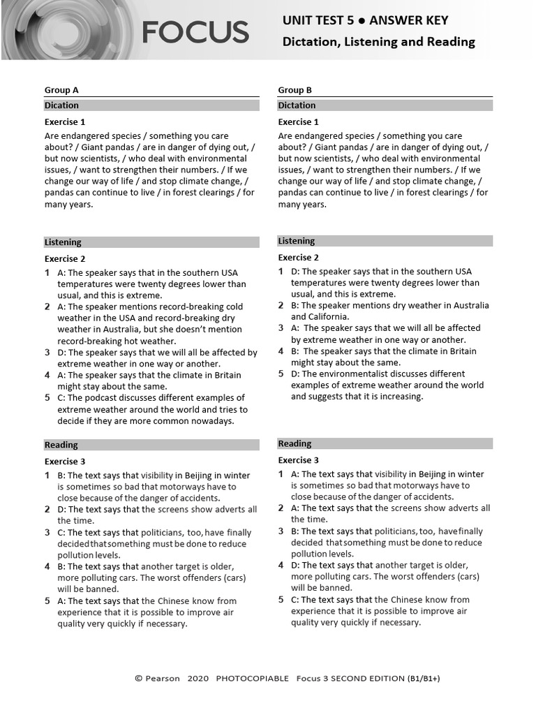 Focus 3 Unit 5 Test Answer Key | PDF | Environmental Issues With Fossil ...
