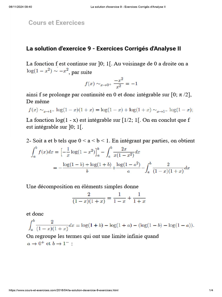 Solution de l'Exercice 9 d'Analyse II | PDF