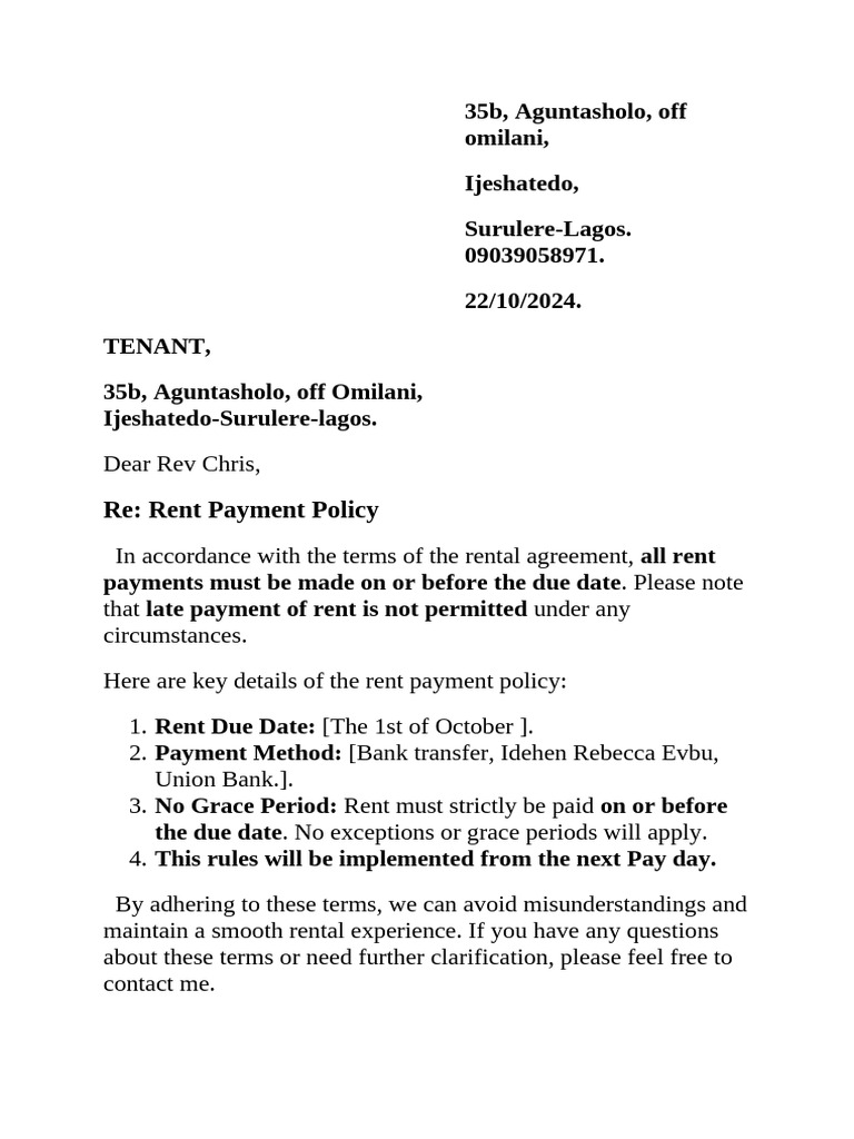 Re: Rent Payment Policy | PDF | Law