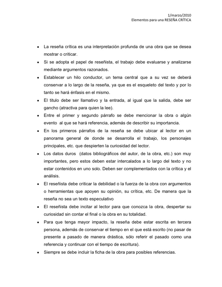 Elementos para una Reseña crítica