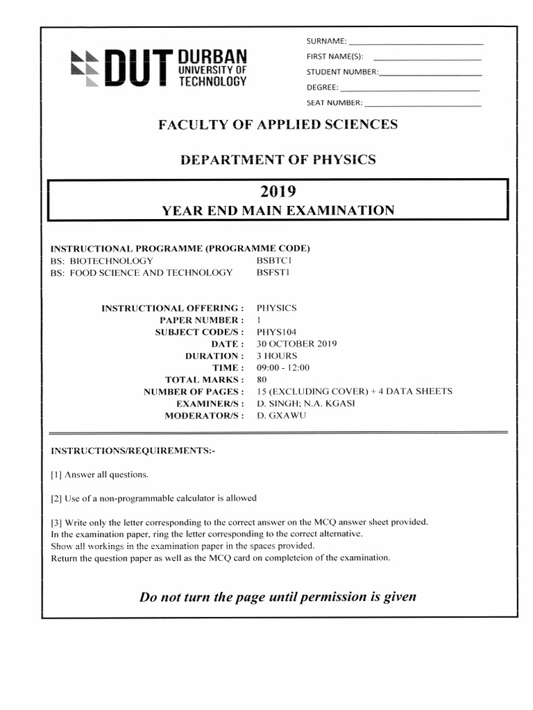 2019 Year End Main QP Physics Phys104 | PDF
