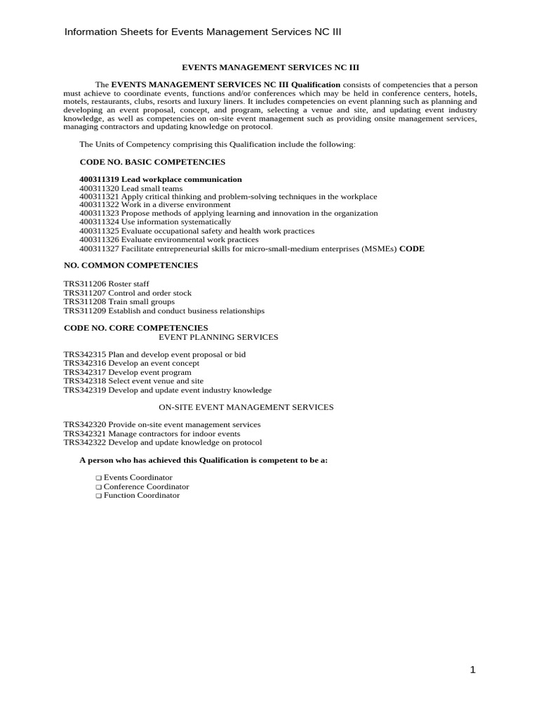 Events Management Services NC III Guide | PDF | Information ...