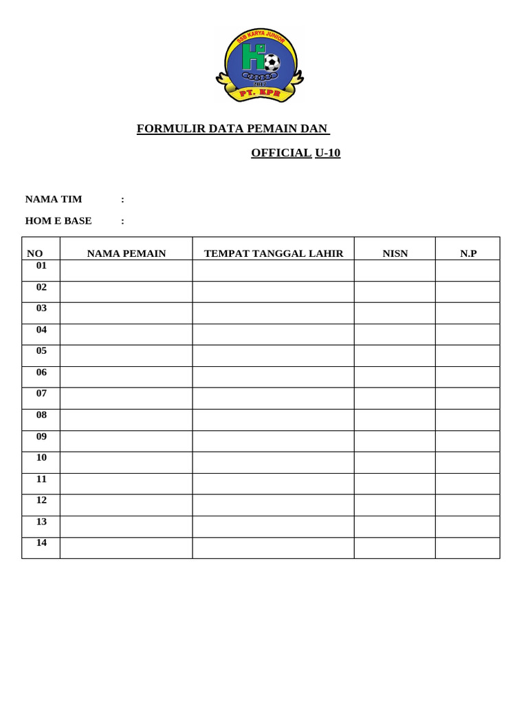 Formulir Data Pemain U-10 dan Official | PDF
