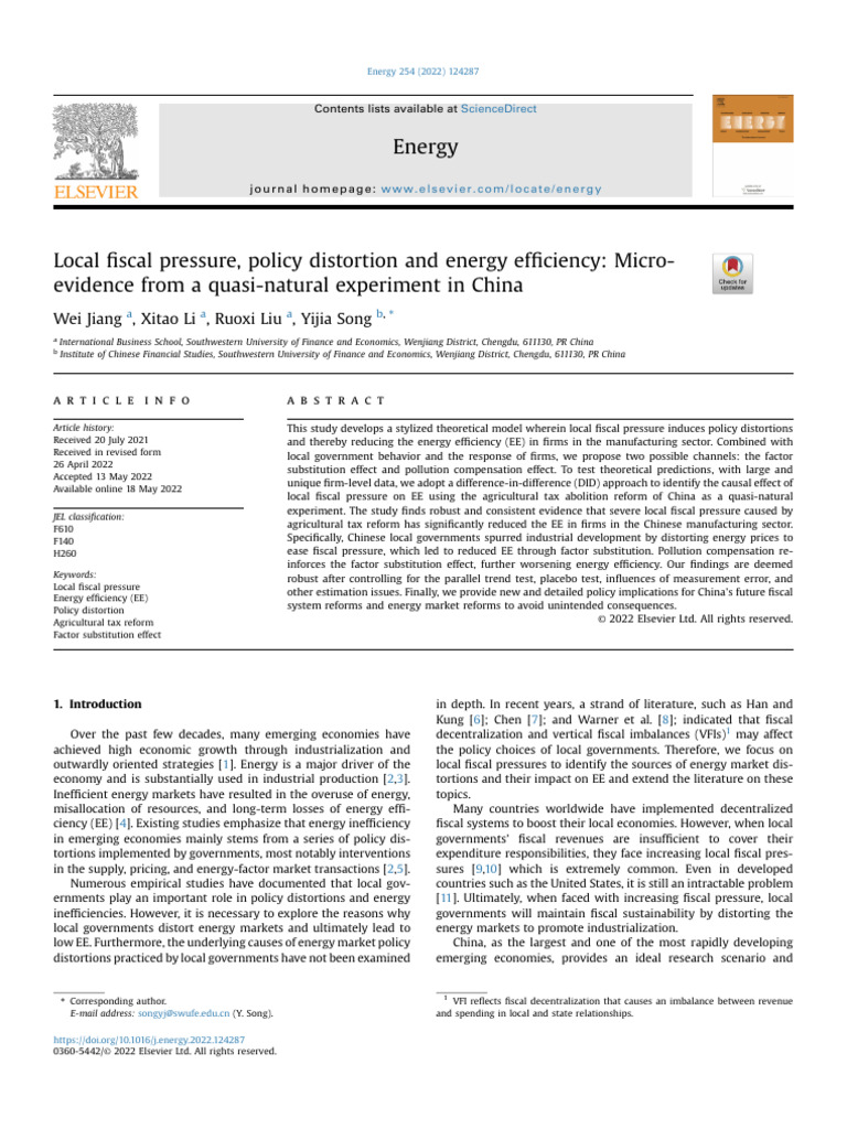 Local Fiscal Pressure, Policy Distortion and Energy Efficiency Micro ...