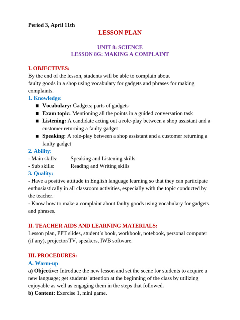 Lessonplan-8G H | PDF | Lesson Plan | Vocabulary