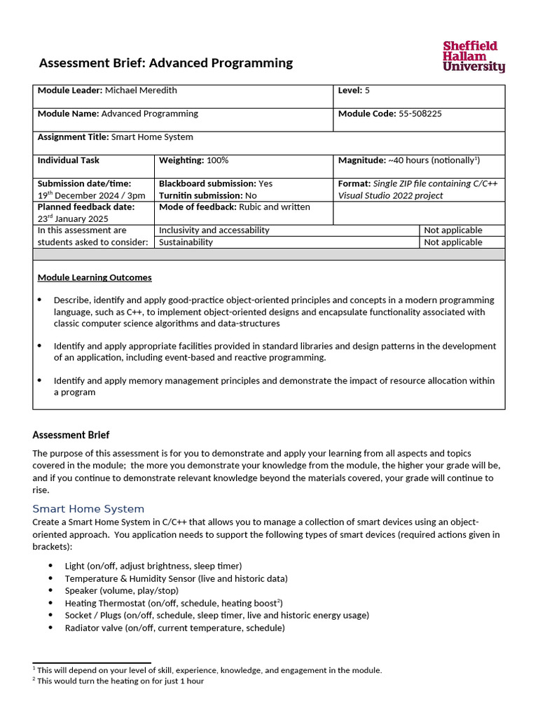 Advanced Programming Assessment Brief - Smart Home System - 2024-5 ...