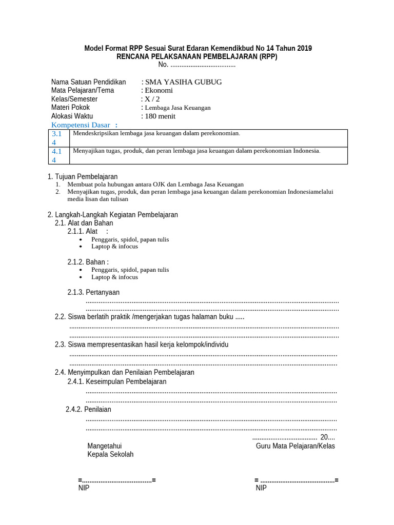Format RPP Sesuai Surat Edaran Mendikbud No 14 Tahun 2019 | PDF