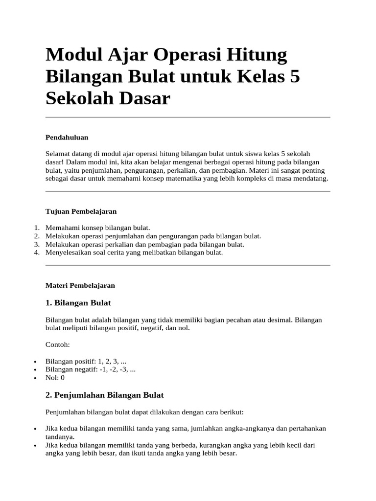 Modul Ajar Bilangan Bulat Kelas 5 SD | PDF