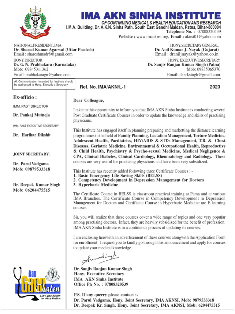 IMA AKNSI Information Regarding PGCC Course PDF Medicine Clinical