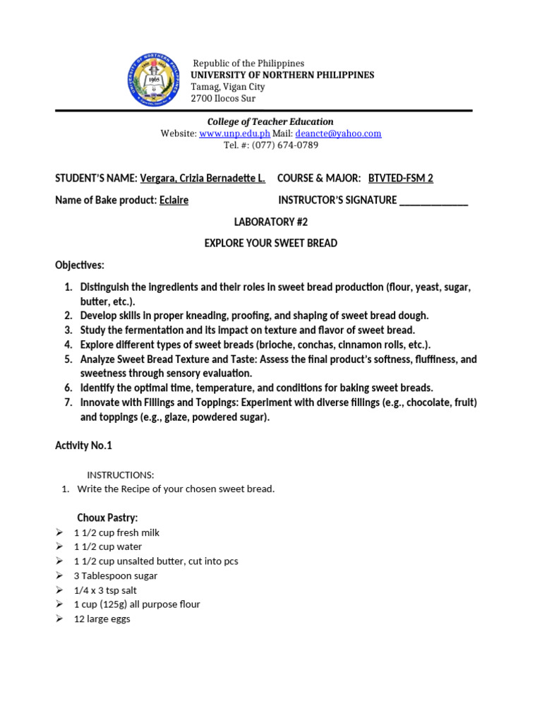 Laboratory 2 Sweet Bread | PDF | Custard | Food And Drink Preparation