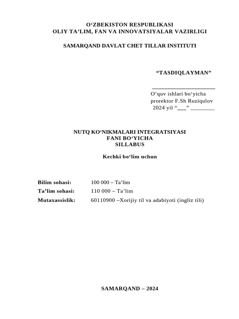 Nutq Koʻnikmalari Integratsiyasi Sillabusi | PDF