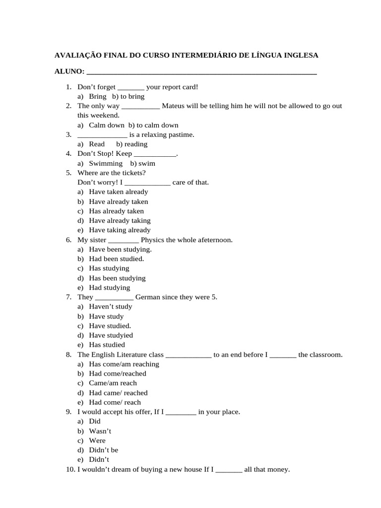 Final Assessment: Intermediate English Course | PDF | Mouse