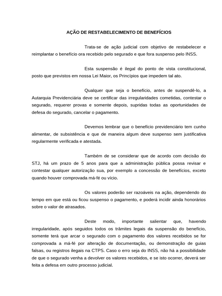 Restabelecimento de Benefícios INSS | PDF | Direito