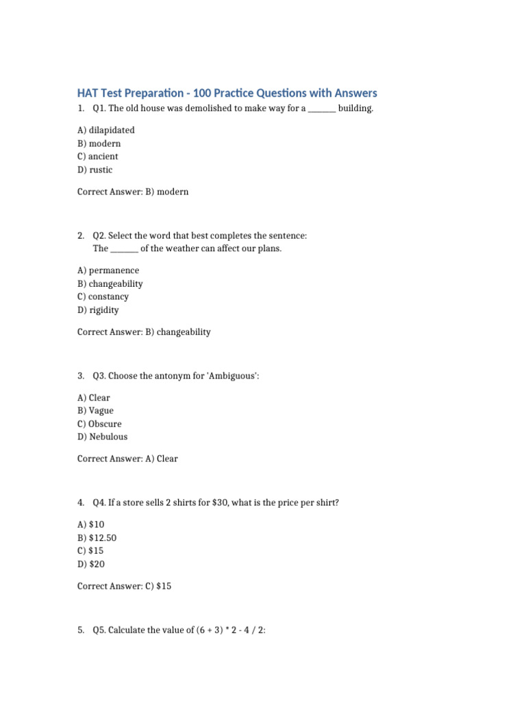 HAT Test Prep: 100 Practice Questions | PDF