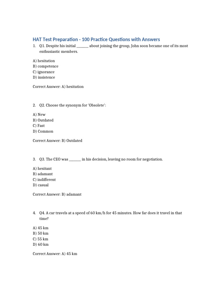 HAT Test Prep: 100 Practice Questions | PDF