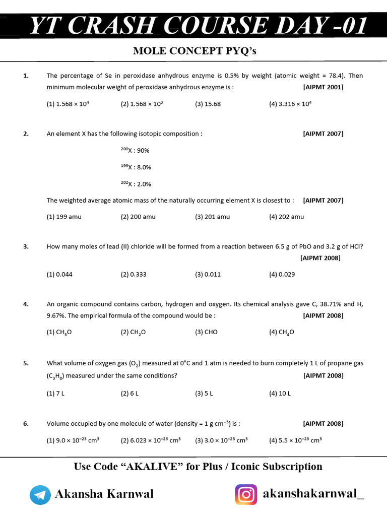 NEET Mole Concept Previous Year Questions | PDF | Mole (Unit ...