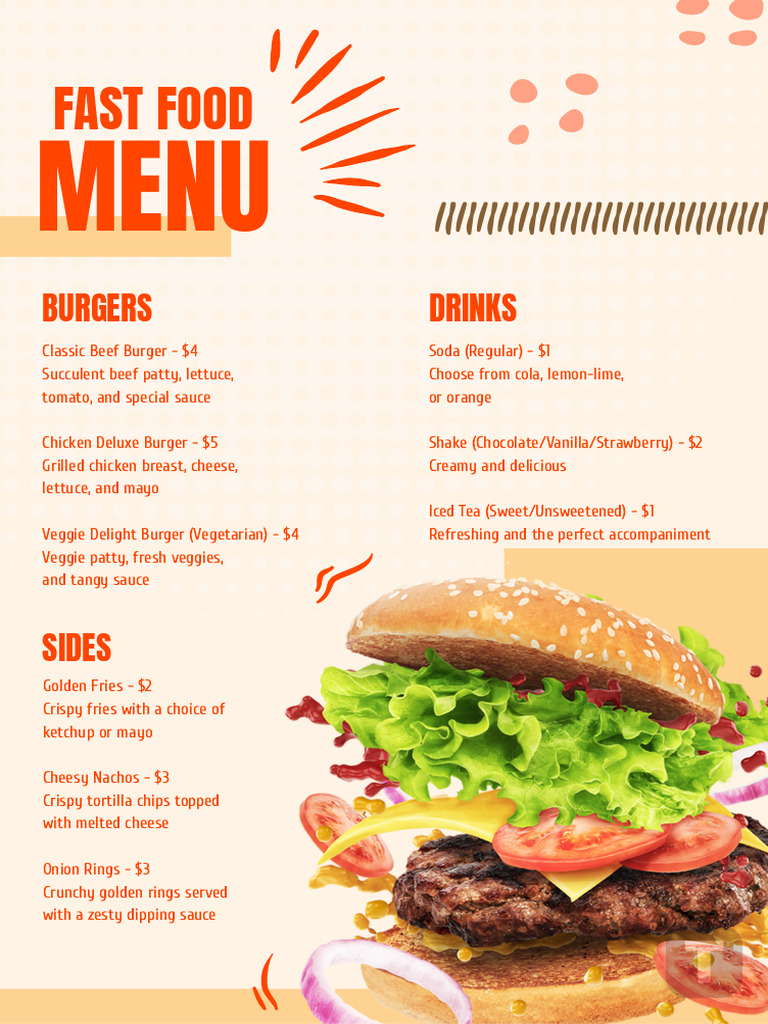 Fast Food Menu: Burgers, Drinks, Sides | PDF | Cooking, Food & Wine