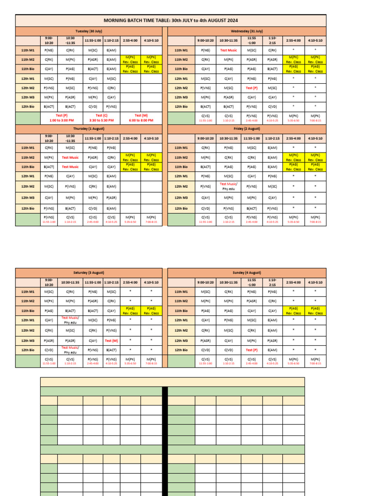 Timetable 30th July To 4th August | PDF