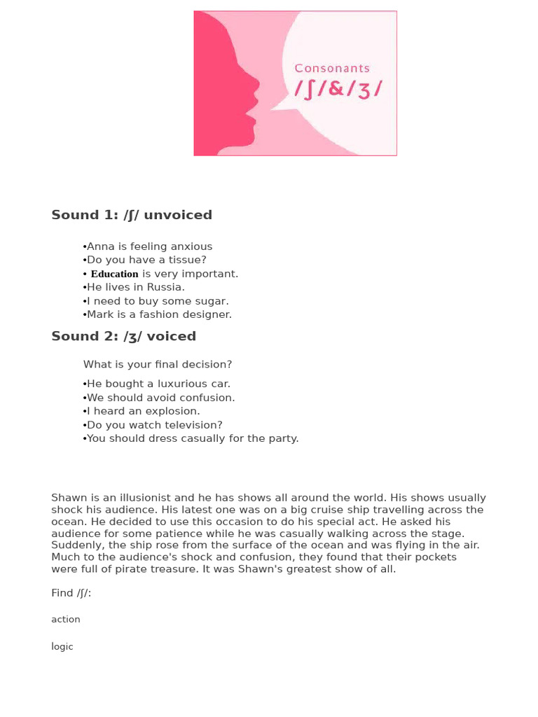Phonetic Sounds: /ʃ/ and /ʒ/ Examples | PDF | Art