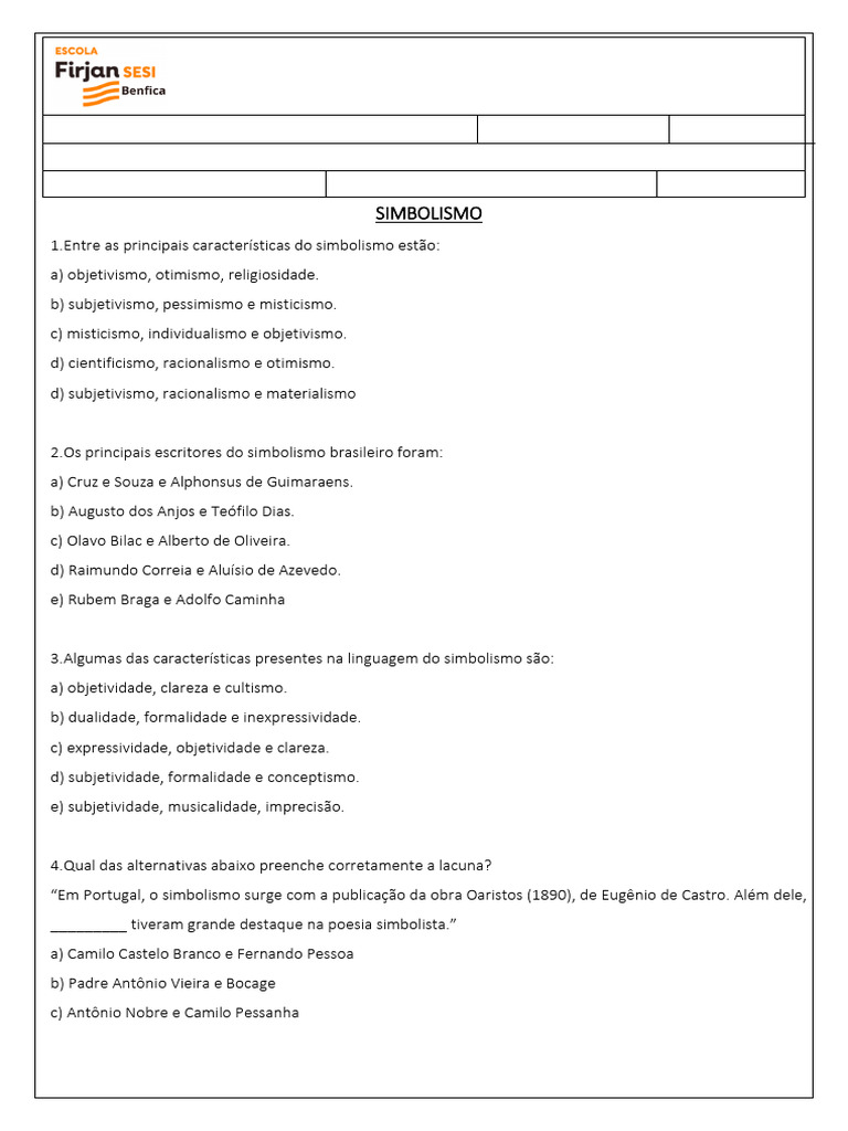 Questões e Exercícios sobre Simbolismo | PDF | Simbolismo (artes ...