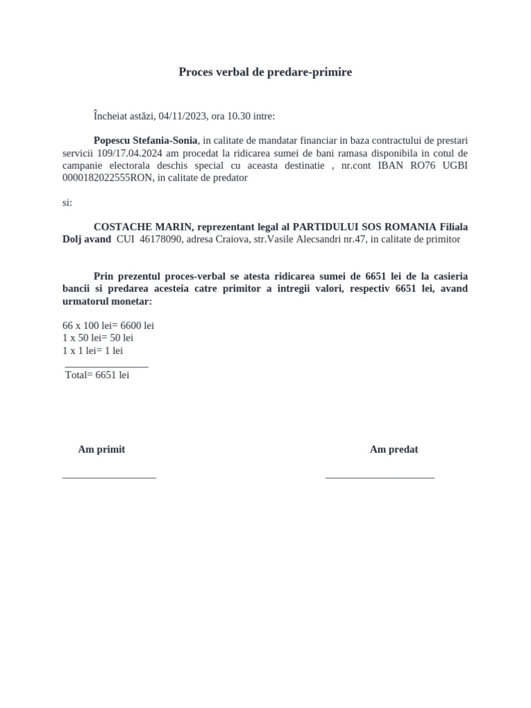 Proces Verbal de Predare Suma Retrasa Cont PARTIDUL SOS ROMANIA | PDF