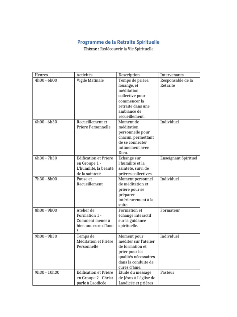 Programme de Retraite Spirituelle | PDF | Prière | Spiritualité