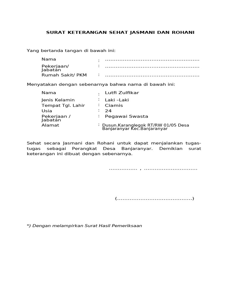 Surat Keterangan Sehat Jasmani Dan Rohani | PDF | Olahraga & Rekreasi