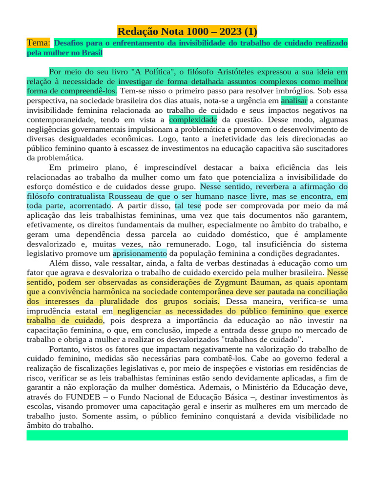 Redação Nota 1000: Trabalho de Cuidado Feminino | PDF | Desenvolvimento ...
