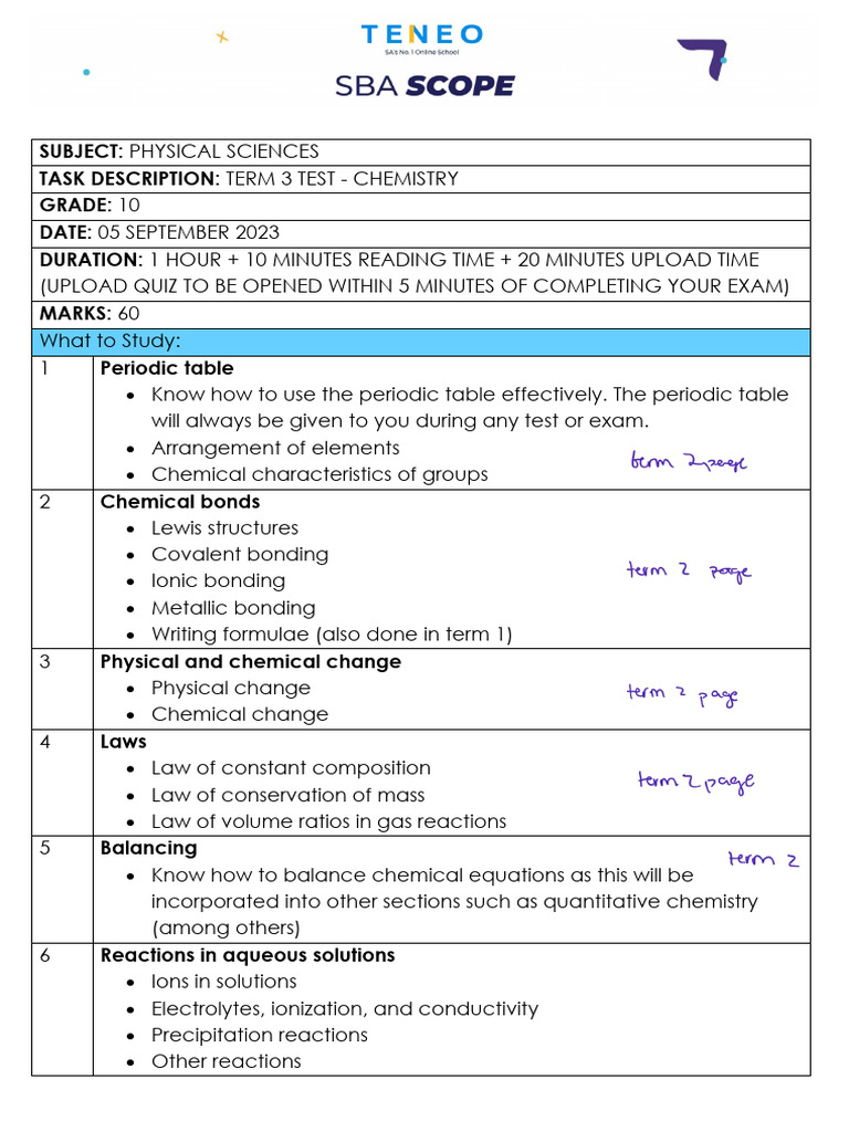 2023 - SBA002b - GR 10 TERM 3 TEST | PDF | Science & Mathematics