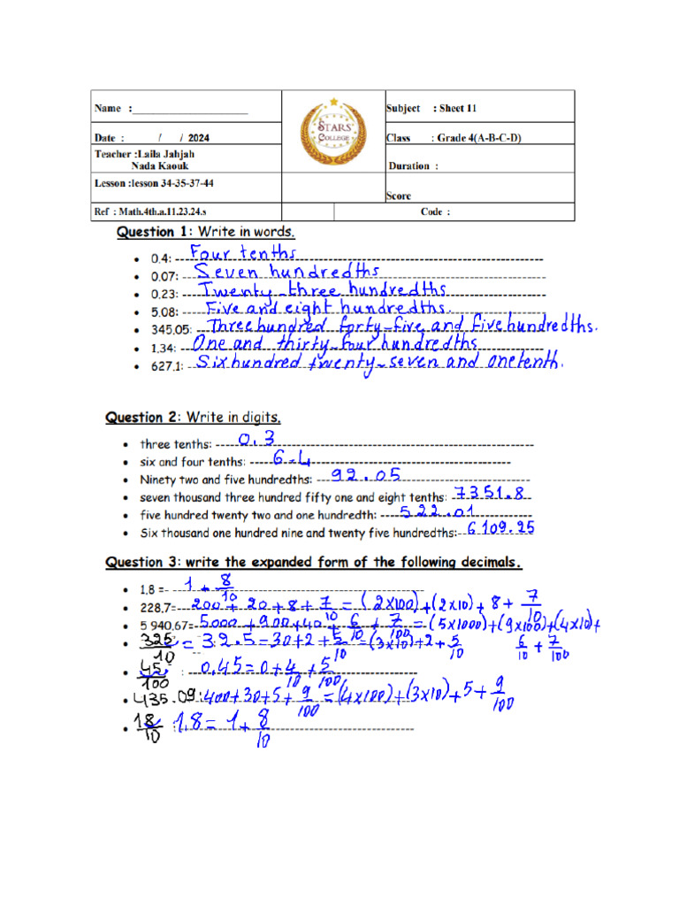 Answerkeys Sheet 11 | PDF