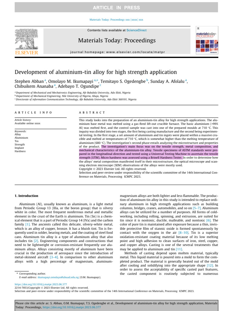 Development of Aluminium-Tin Alloy For High Strength Application | PDF ...