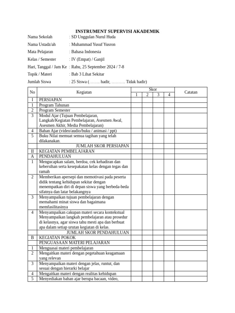 Supervisi Akademik Bahasa Indonesia Kelas IV | PDF