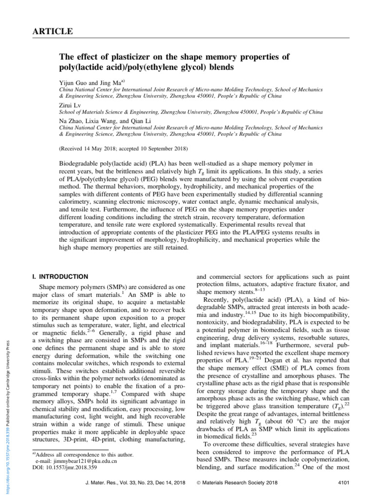 The Effect of Plasticizer On The Shape Memory Properties of Polylactide ...