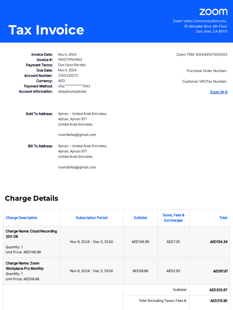 Zoom Tax Invoice for Subscription Services | PDF | Fee | Invoice