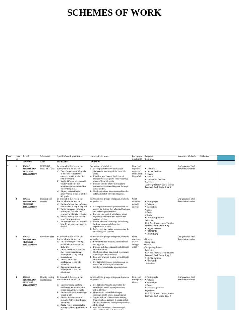 Grade 8 Social Studies Schemes of Work Term 1 KLB Top Scholar2024 ...