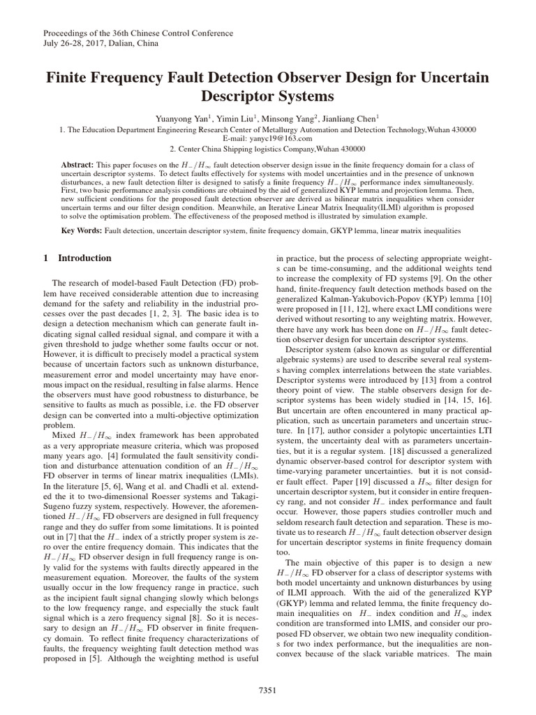 Finite Frequency Fault Detection Observer Design | PDF | Matrix ...
